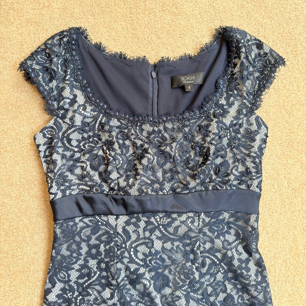 Tadashi Collection Bead Sequin Lace Sheath Dress Cap Sleeve Empire Waist Navy 8 - Picture 2 of 6